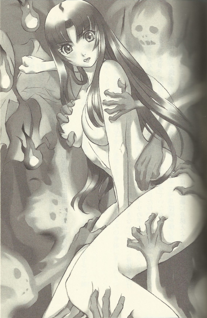 breast_grab breast_squeeze breasts female ghost grabbing highres long_hair molestation monochrome nude queen's_blade queen's_blade tomoe