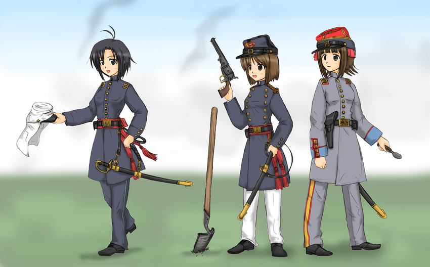 amami_haruka american_civil_war belt colt_1851_navy ernest gun hagiwara_yukiho handgun hat highres holster idolmaster idolmaster_(classic) kikuchi_makoto military military_uniform multiple_girls revolver shovel spoon sword uniform weapon