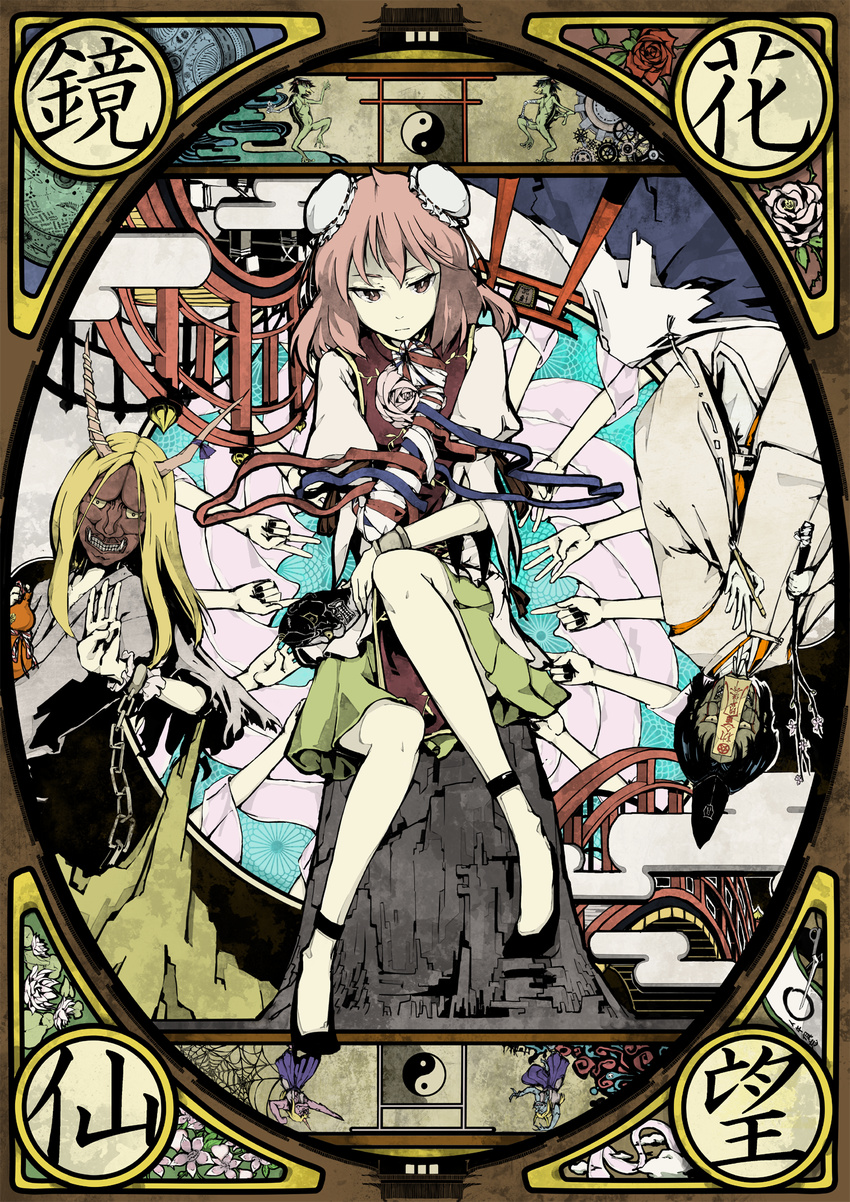 architecture bandages double_bun east_asian_architecture flower highres horn horns hoshiguma_yuugi ibaraki_kasen ibuki_suika ido_(fobiddensins) kappa mountain pink_eyes pink_hair puffy_sleeves rose short_hair short_sleeves solo touhou yin_yang youkai