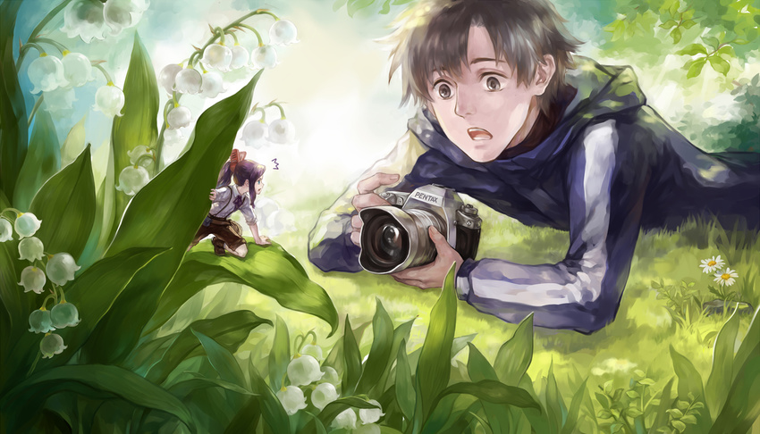 arrietty berserker_(fate/zero) black_eyes black_hair camera cosplay fate/zero fate_(series) fatlulu_(1008) flower karigurashi_no_arrietty lily_of_the_valley long_hair male_focus matou_kariya miniboy multiple_boys ponytail purple_hair