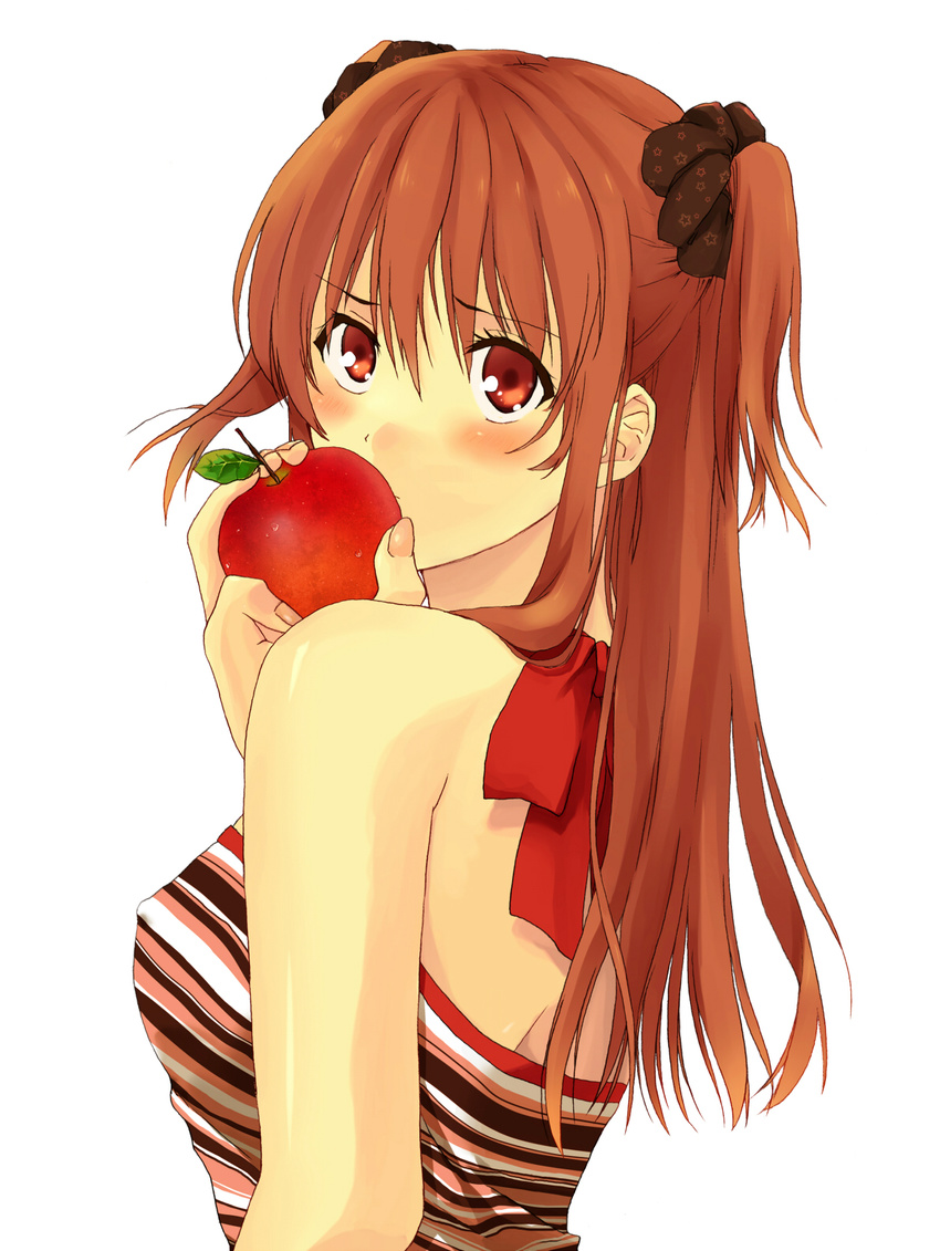 apple bare_shoulders blush breasts covered_nipples food fruit highres long_hair looking_at_viewer medium_breasts original red_eyes red_hair sechichi_xd solo two_side_up white_background