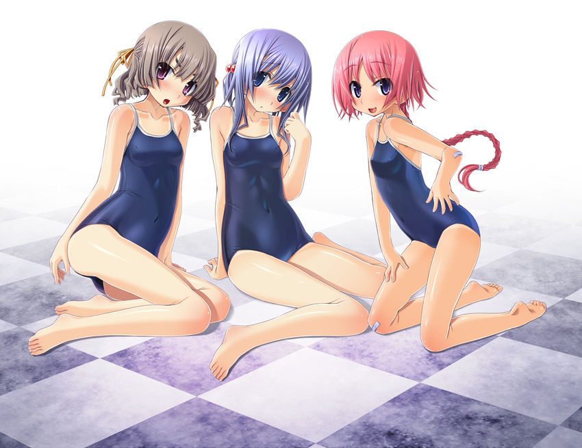 barefoot blue_hair blush braid breasts brown_hair checkered checkered_floor feet hair_ornament highres long_hair multiple_girls one-piece_swimsuit open_mouth pink_hair sakuya_tsuitachi school_swimsuit shiny short_hair small_breasts smile sukumizu_tabehoudai swimsuit