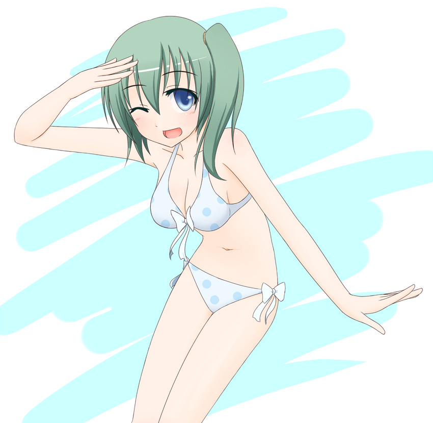 bad_id bad_pixiv_id bare_legs bare_shoulders bikini blue_eyes bow_bikini breasts cleavage collarbone daiyousei edamame_(barium) front-tie_top green_hair highres looking_at_viewer medium_breasts navel no_wings one_eye_closed open_mouth polka_dot polka_dot_bikini polka_dot_swimsuit side-tie_bikini side_ponytail smile solo swimsuit touhou