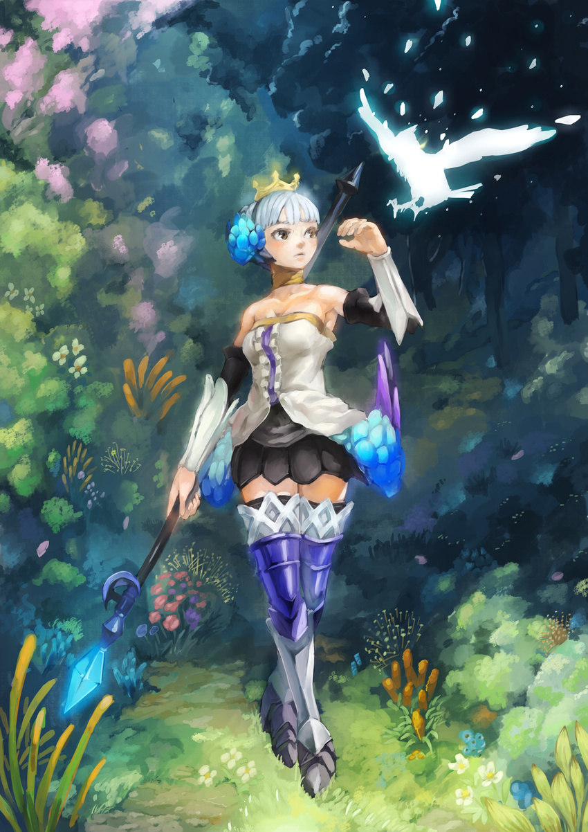 armor armored_dress bare_shoulders bird boots breasts brown_eyes choker colored_eyelashes crown dress elbow_gloves forest gloves gwendolyn hair_ornament highres medium_breasts nature odin_sphere polearm shamogin short_hair solo spear strapless strapless_dress valkyrie weapon white_hair