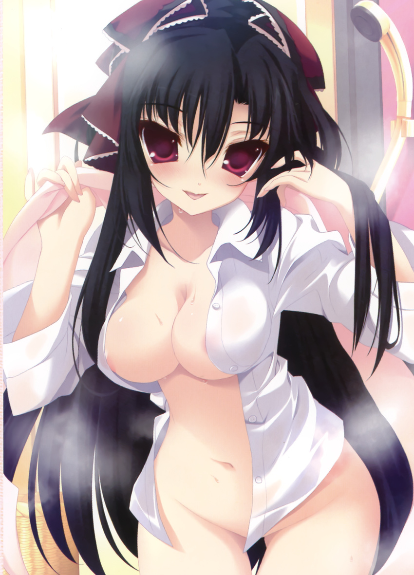 11eyes black_hair breasts cleavage highres kuroshiba_kanae open_clothes open_shirt shirt youta