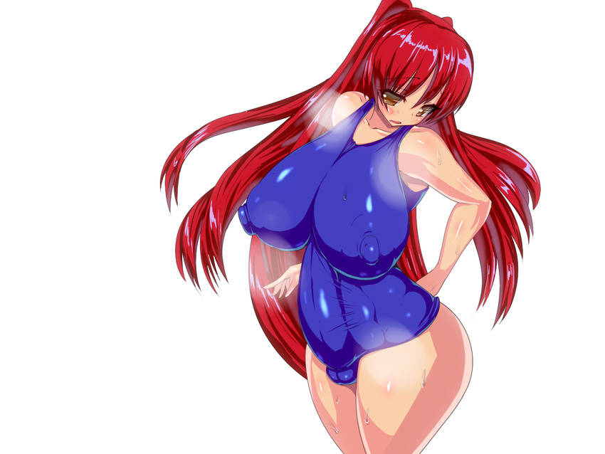 1girl blush breasts brown_eyes full-package_futanari futanari highres huge_breasts huge_nipples kari kousaka_tamaki long_hair nipples red_hair solo standing sweat swimsuit to_heart_2 totoya