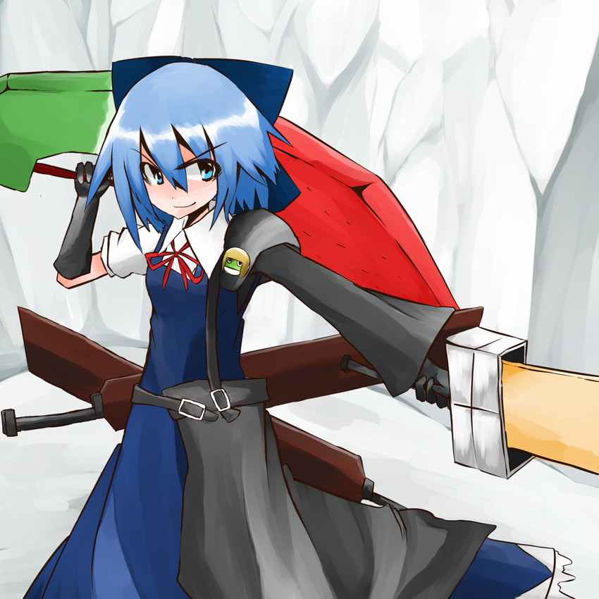 adapted_costume advent_cirno blue_eyes blue_hair bow cirno dual_wielding gloves hair_bow highres holding long_sleeves short_hair short_sleeves solo soudayu stance sword touhou weapon