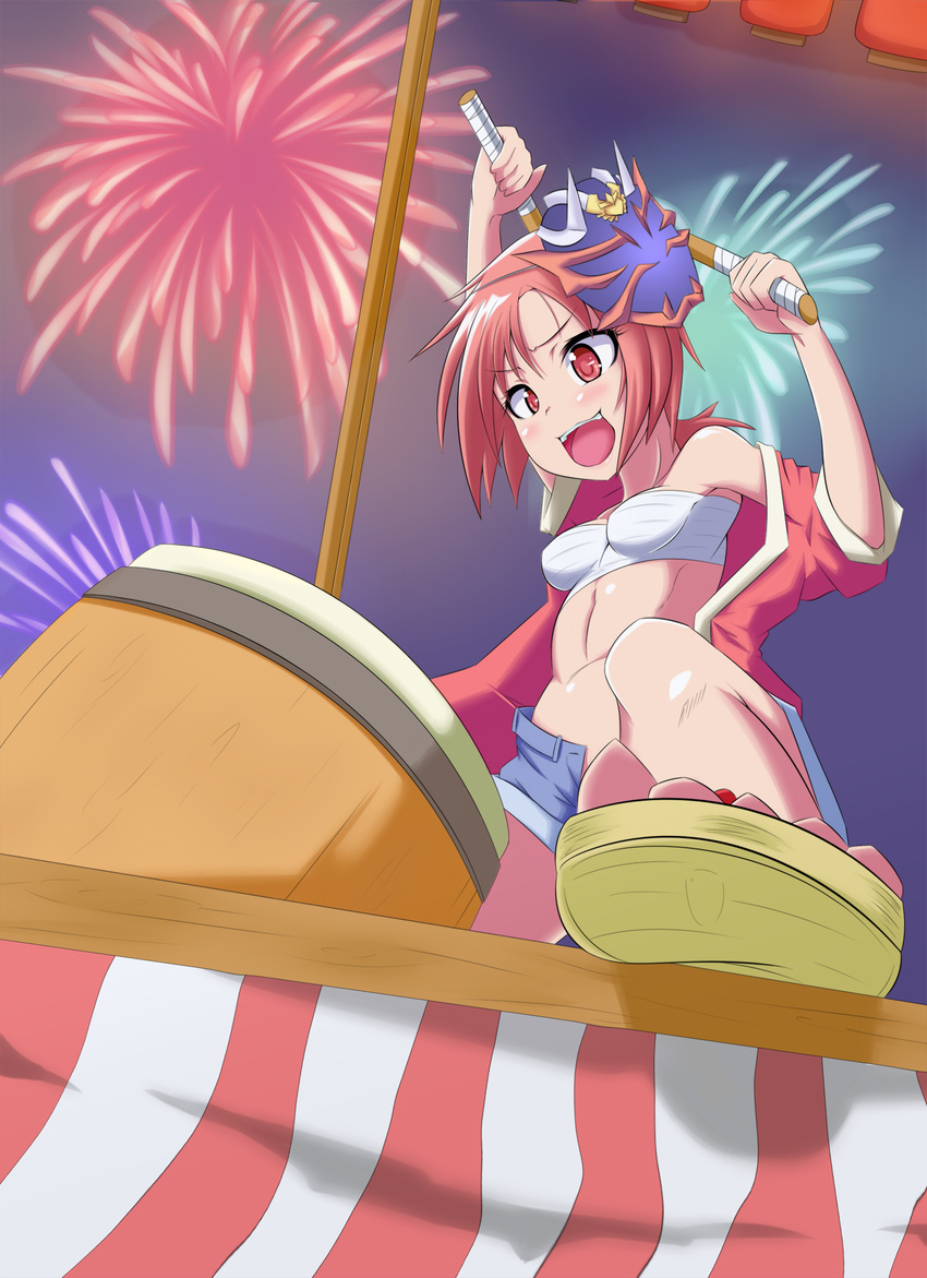 drum drumsticks fireworks highres hino_akane_(smile_precure!) instrument kamen_rider kamen_rider_hibiki kamen_rider_hibiki_(series) mask muruchi- precure red_eyes red_hair sarashi short_hair shorts smile_precure! solo taiko_drum taiko_sticks