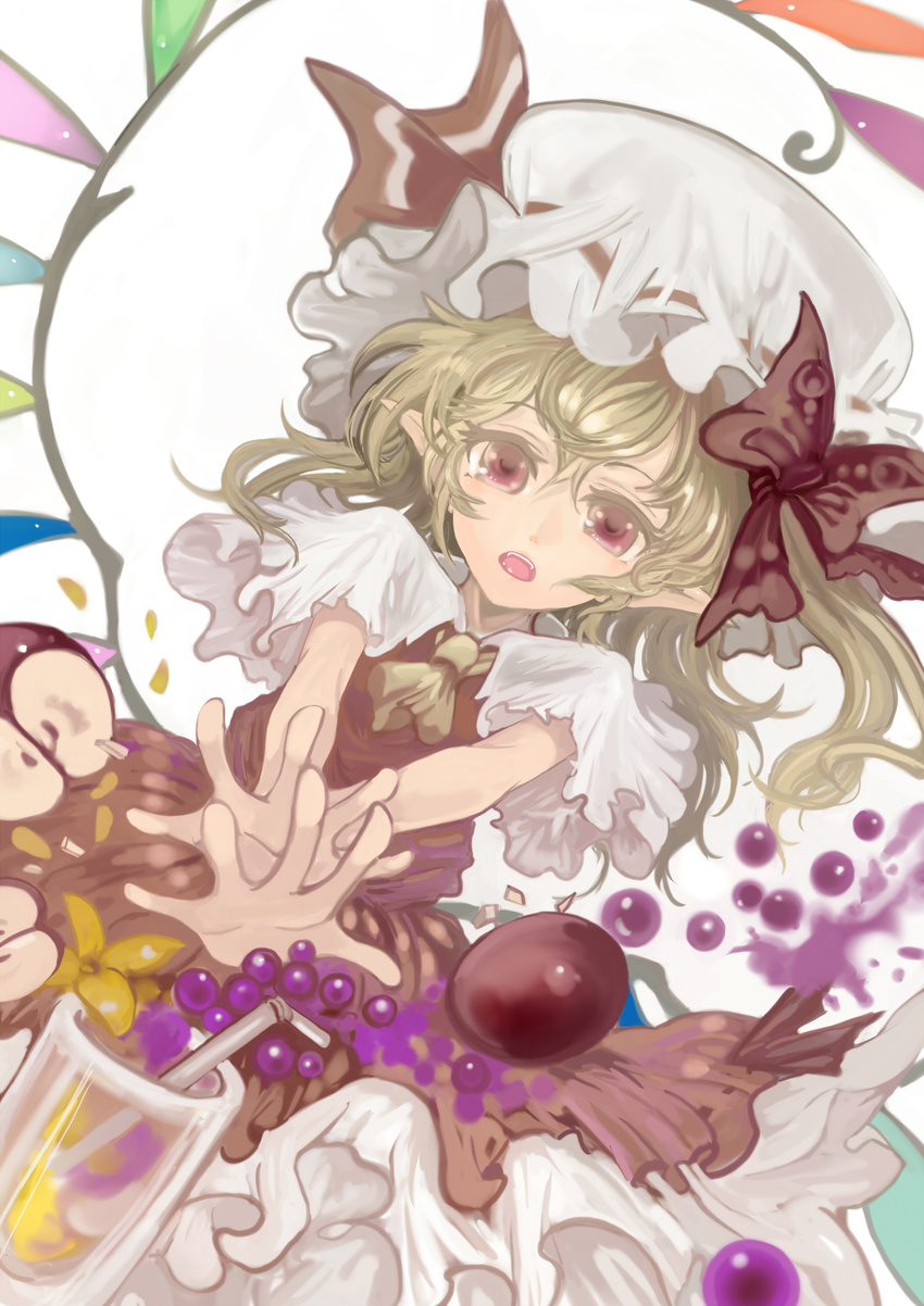 absurdres ascot blonde_hair bow crystal drinking_straw flandre_scarlet flower food fruit glass grapes hair_bow hat hat_ribbon highres juice open_mouth red_eyes ribbon sasurai_susuki short_hair short_sleeves side_ponytail solo touhou wide_sleeves wings