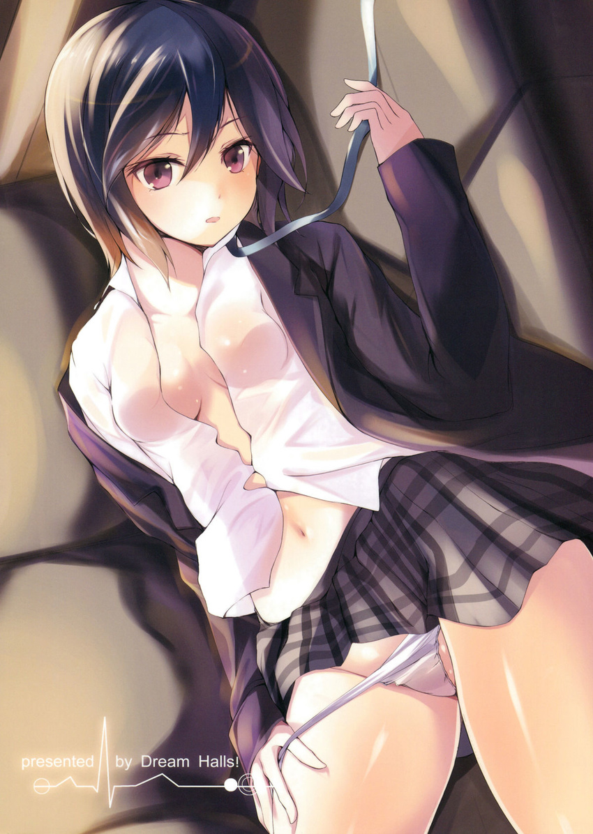 breasts cover cover_page hair_between_eyes highres inaba_himeko kokoro_connect legs medium_breasts open_clothes open_shirt panties panty_pull scan school_uniform shirt tsuzuri_(itosousou) underwear white_panties