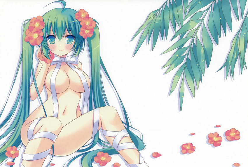 blush green_hair hatsune_miku inugahora_an ribbons scan twintails vocaloid