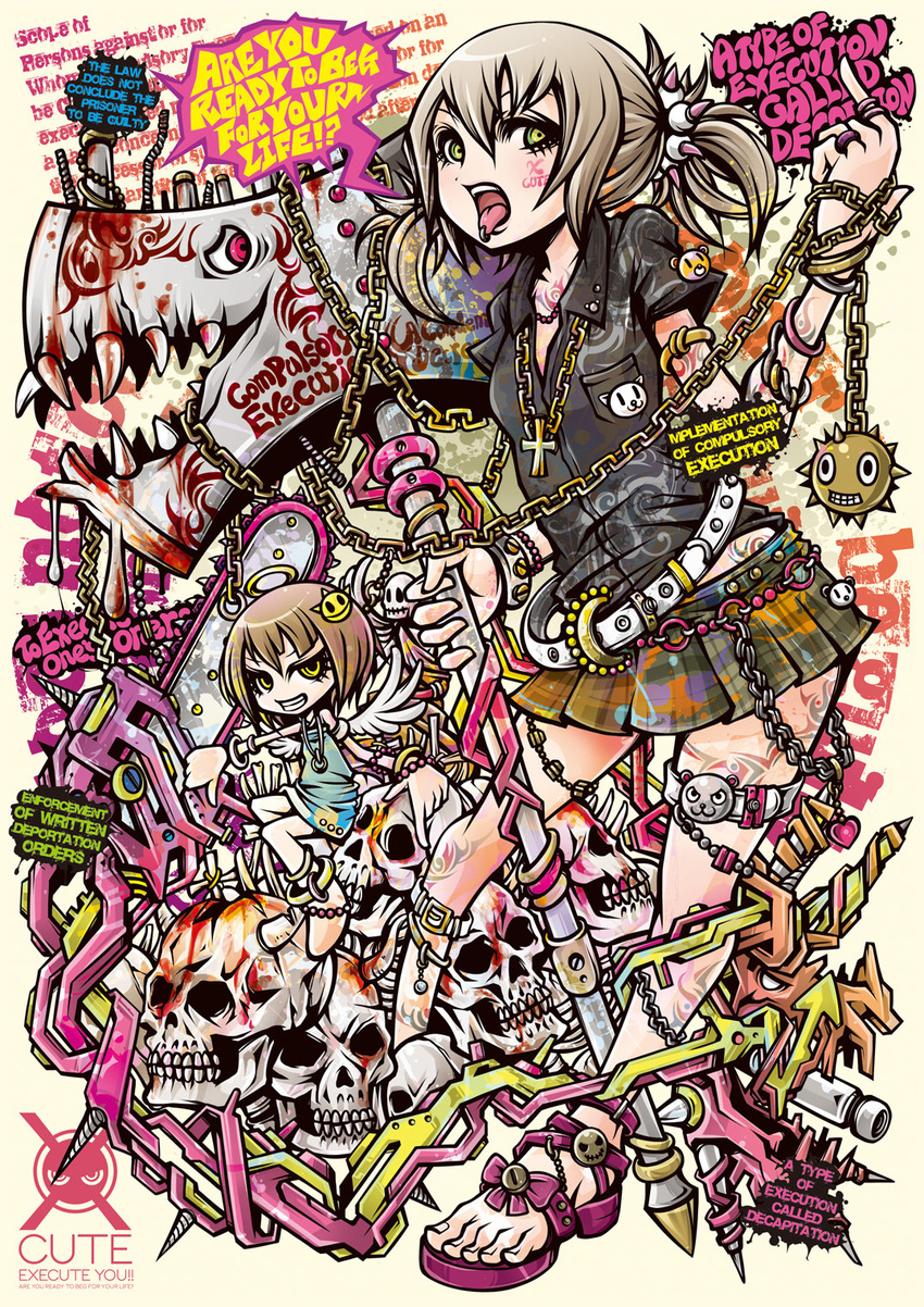 axe belt blood bracelet brown_hair chain chainsaw cross english green_eyes hair_ornament highres jewelry multiple_girls original piercing project.c.k. ring shirt skull tattoo tongue tongue_piercing twintails weapon wings yellow_eyes