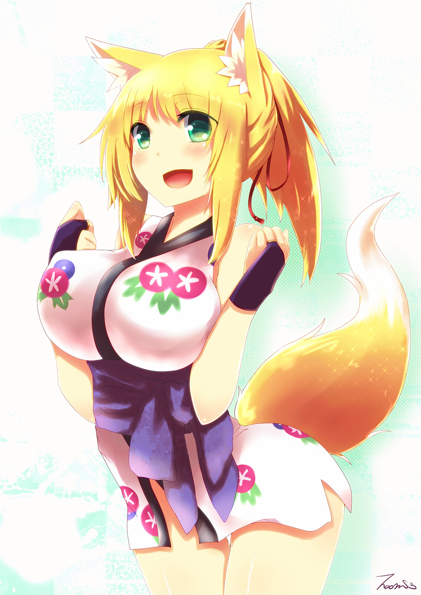 absurdres animal_ear_fluff animal_ears bad_id bad_pixiv_id blonde_hair bottomless breasts bridal_gauntlets dog_days fox_ears fox_tail green_eyes highres large_breasts long_hair naomi_(sekai_no_hate_no_kissaten) open_mouth sash shiny shiny_skin simple_background sleeveless smile solo tail tail_raised thigh_gap yukikaze_panettone