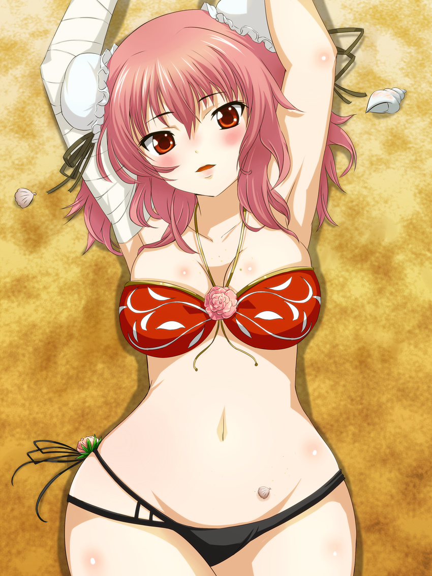 absurdres bandages bikini blush breasts bug_(artist) cleavage collarbone curvy double_bun flower highres ibaraki_kasen large_breasts lying navel open_mouth outstretched_arms pink_hair red_eyes rose shell short_hair solo swimsuit touhou wide_hips