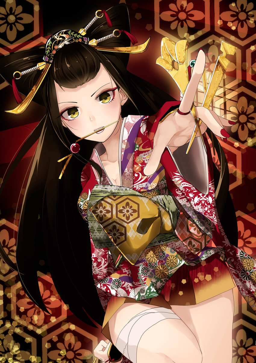 black_hair flower hair_ornament highres japanese_clothes kimono long_hair looking_at_viewer memai original solo yellow_eyes