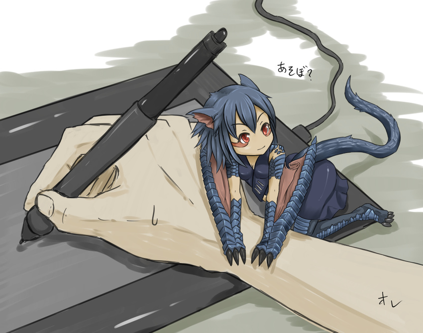 animal_ears blue_hair claws commentary_request dragon_ears dragon_girl dragon_tail dragon_wings dress hair_between_eyes hitokuirou minigirl monster_girl monster_hunter nargacuga personification red_eyes scales short_hair sitting stylus tablet tail translated wariza wings