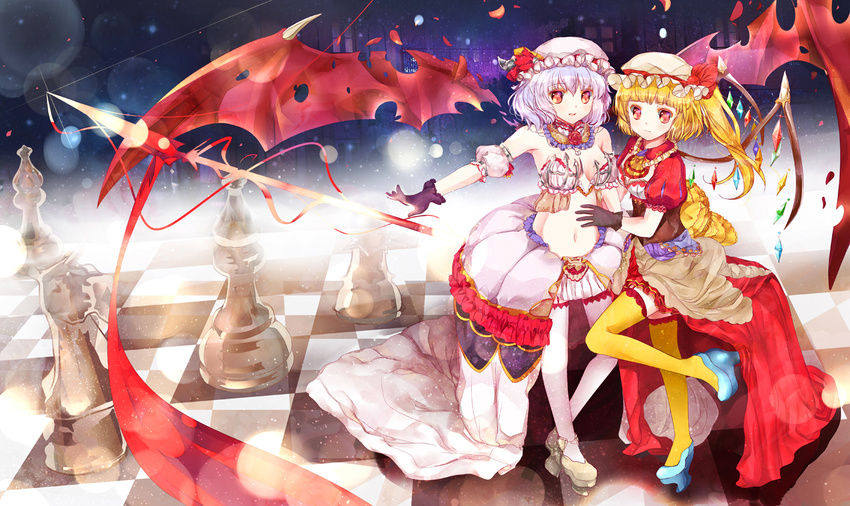 black_gloves blonde_hair blue_hair checkered checkered_floor chess_piece detached_sleeves flandre_scarlet gloves hat hat_ribbon heco_(mama) looking_at_viewer multiple_girls navel pantyhose puffy_sleeves red_eyes remilia_scarlet ribbon side_ponytail thighhighs touhou weapon white_legwear wings yellow_legwear