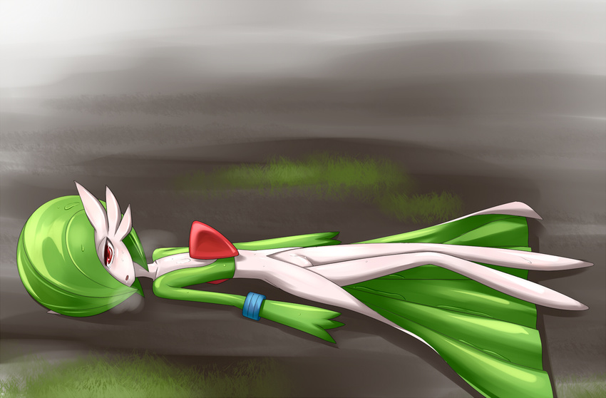 1girl gardevoir green_hair highres laying_down lying pokemon red_eyes solo sukumo_(kemutai)