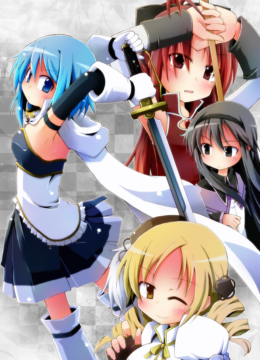 akemi_homura beret black_eyes black_hair blonde_hair blue_eyes blue_hair bow cape drill_hair hair_bow hairband hat highres magical_girl mahou_shoujo_madoka_magica miki_sayaka multiple_girls one_eye_closed polearm red_eyes red_hair sakura_kyouko short_hair soul_gem spear sword thighhighs tomoe_mami twin_drills twintails weapon yellow_eyes yuuhi_alpha