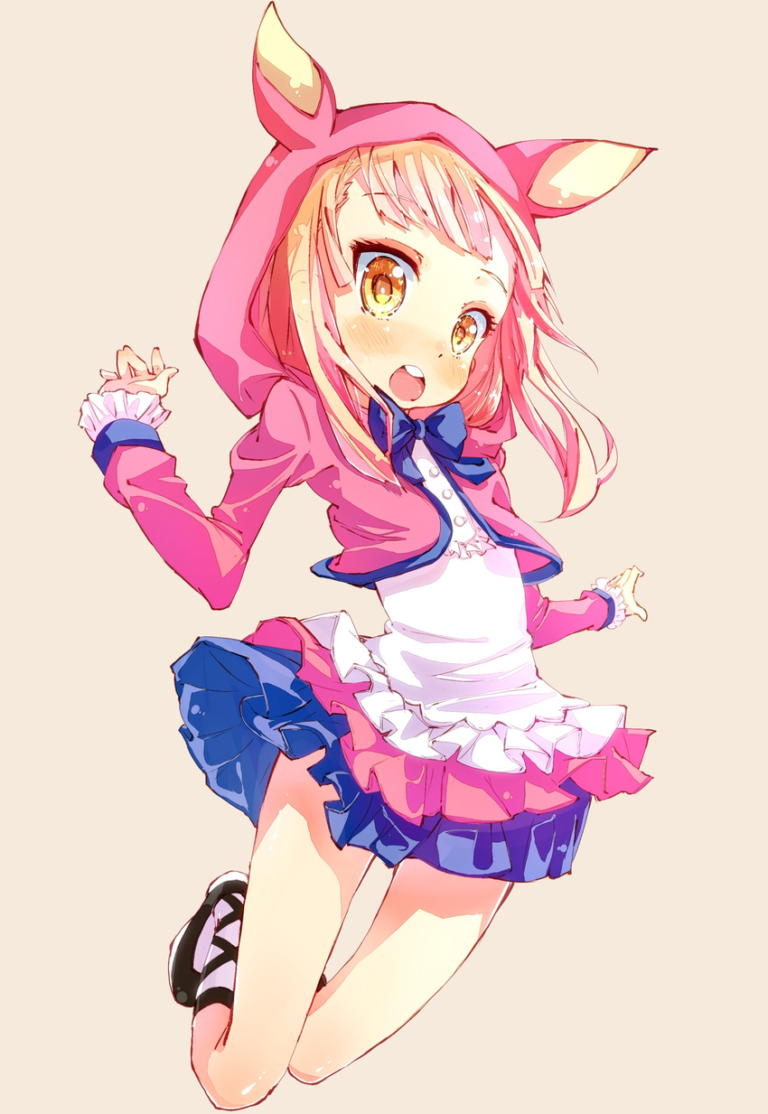 akb0048 animal_ears bangs blonde_hair blunt_bangs blush child hato_haru highres hood legs long_hair looking_at_viewer open_mouth ribbon shinonome_sonata simple_background skirt solo yellow_eyes