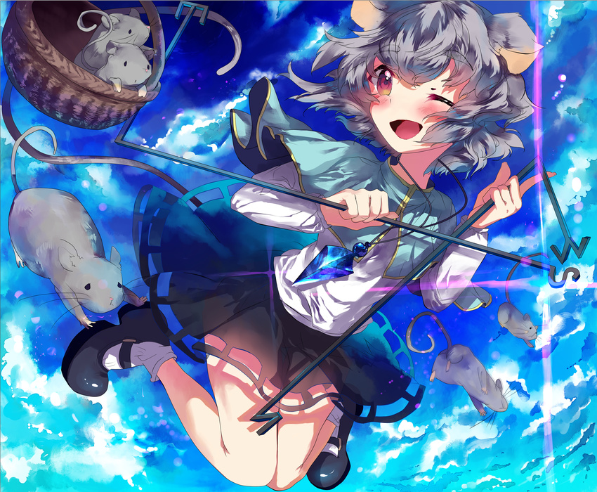 ;d absurdres animal_ears basket blush capelet dowsing_rod grey_hair highres hoshika_ranoe jewelry mary_janes mouse mouse_ears mouse_tail nazrin one_eye_closed open_mouth pendant red_eyes shoes short_hair skirt smile solo tail touhou