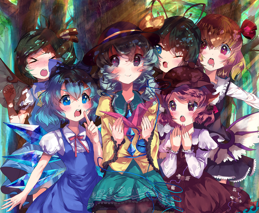 &gt;_&lt; 6+girls :t animal_ears antennae bird_wings blonde_hair blue_eyes blue_hair blush bow cirno closed_eyes collarbone crystal daiyousei detached_wings fairy_wings fingernails green_hair hair_ribbon hat hat_bow heart heart-shaped_pupils highres hoshika_ranoe ice ice_wings komeiji_koishi long_sleeves multiple_girls mystia_lorelei odd_one_out open_mouth origami outstretched_arms pantyhose paper_crane pink_hair puffy_sleeves purple_eyes red_eyes ribbon rumia sharp_fingernails short_hair short_sleeves side_ponytail smile standing symbol-shaped_pupils third_eye touhou tree wings wriggle_nightbug