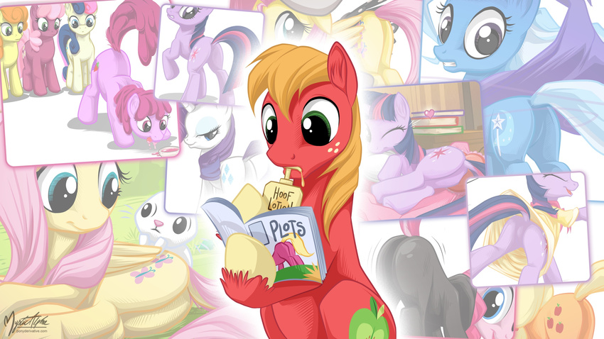 angel_(mlp) applejack_(mlp) berry_punch_(mlp) big_macintosh_(mlp) blonde_hair blue_eyes butt carrot_top_(mlp) cheerilee_(mlp) equine female feral fluttershy_(mlp) friendship_is_magic green_eyes hair horn horse invalid_tag lotion magazine male mammal my_little_pony mysticalpha pegasus pinkie_pie_(mlp) pony purple_hair rarity_(mlp) trixie_(mlp) twilight_sparkle_(mlp) two_tone_hair unicorn wings