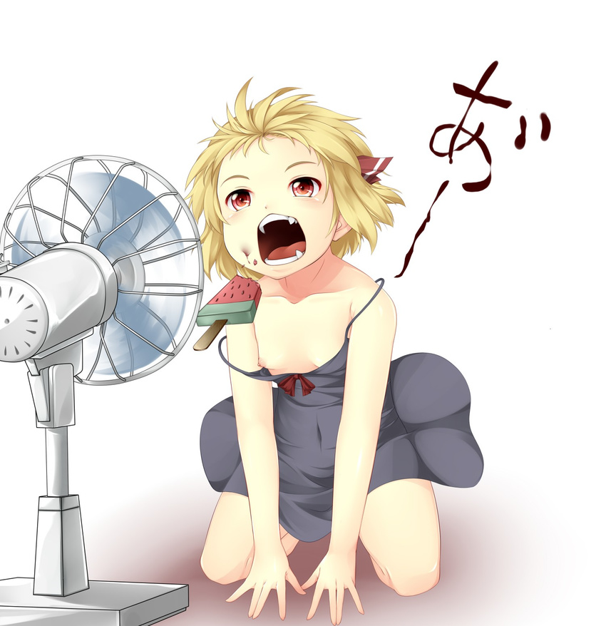 collarbone covered_navel electric_fan fan_speaking fangs fanning_face flat_chest food fruit hair_ribbon highres kneeling natsuki_mitsu nipple_slip nipples open_mouth popsicle ribbon rumia see-through short_hair solo strap_slip teeth touhou watermelon watermelon_bar white_background