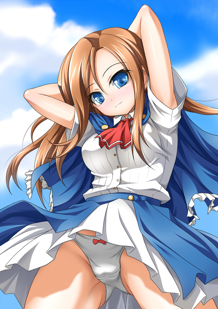 :3 arms_behind_head ascot blue_eyes blush breasts brown_hair capelet castlevania castlevania:_portrait_of_ruin charlotte_aulin cloud day frills highres long_hair looking_at_viewer medium_breasts panties roura skirt sky smile solo underwear upskirt white_panties