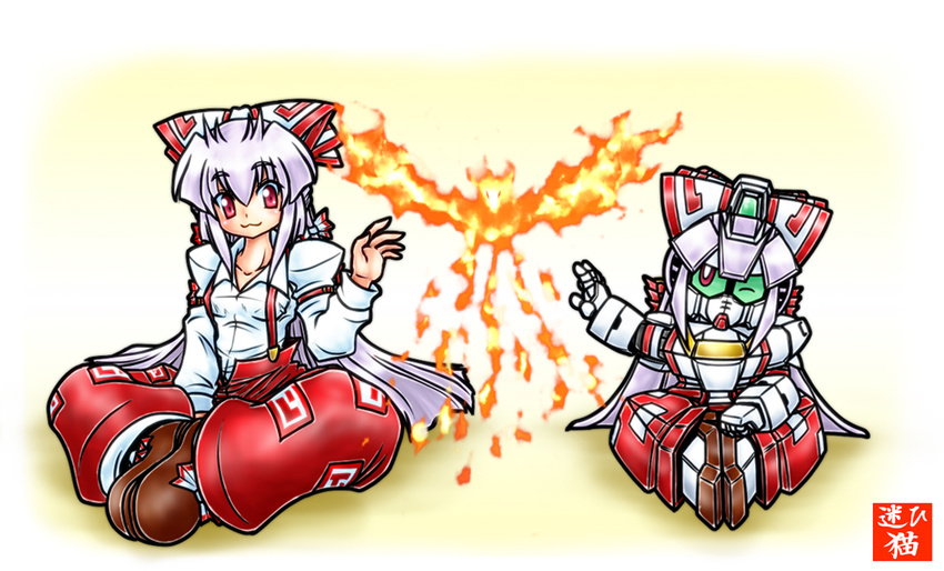 arm_garter bird boots bow crossover fujiwara_no_mokou gundam hair_bow lavender_hair long_hair mayohi_neko mechanization open_mouth phoenix red_eyes sd_gundam sitting suspenders touhou v2_gundam victory_gundam