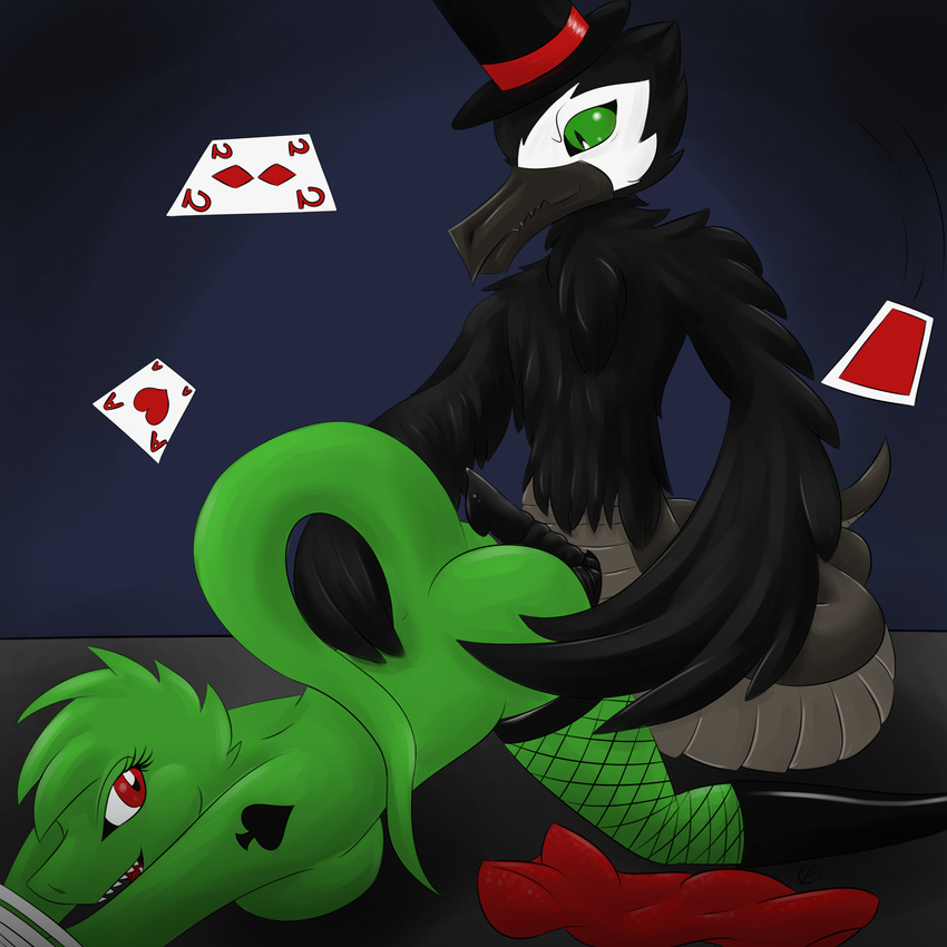 &#9824; &#9830; &lt;3 ace_of_hearts anthro avian bdsm beak bird bondage bound breasts card crow erection feathers female fishnet godheadharley green_eyes hat hemipenes hybrid insertion legwear lizard male multi_cock nude open_mouth penetration penis playing_card raven red_eyes reptile rope scalie sex simple_background smile snake stockings straight tattoo teeth top_hat two_of_diamonds
