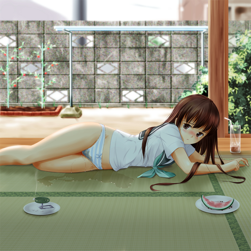 blush glass highres incense mosquito_coil nikkeru_suiso original panties pee peeing saucer tatami underwear