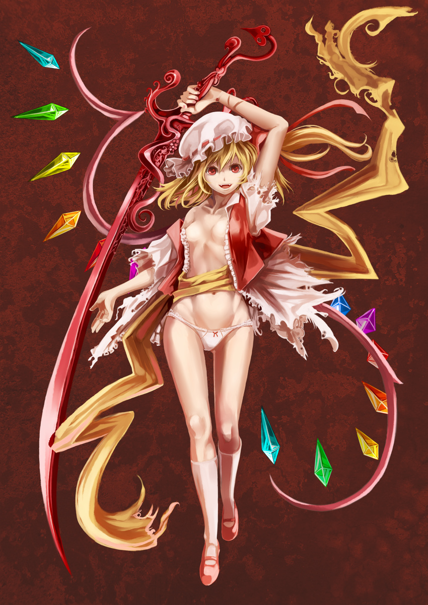arm_up blonde_hair breasts crystal fangs flandre_scarlet groin hat hat_ribbon highres i-la kneehighs laevatein long_hair navel no_bra no_pants open_clothes open_mouth panties puffy_sleeves red_eyes ribbon short_sleeves side_ponytail small_breasts solo sword torn_clothes touhou underwear very_long_hair weapon white_legwear white_panties wings