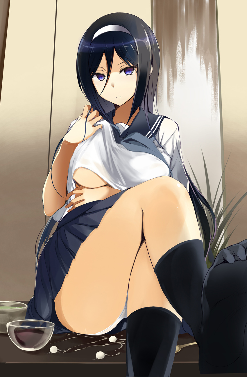 absurdres ass bad_id bad_pixiv_id black_hair black_legwear blue_eyes bowl breasts hair_between_eyes hairband highres hyouka irisu_fuyumi kneehighs large_breasts liquid long_hair panties pantyshot pantyshot_(sitting) school_uniform shirt_lift sitting skirt solo tsuzuri_(itosousou) underboob underwear