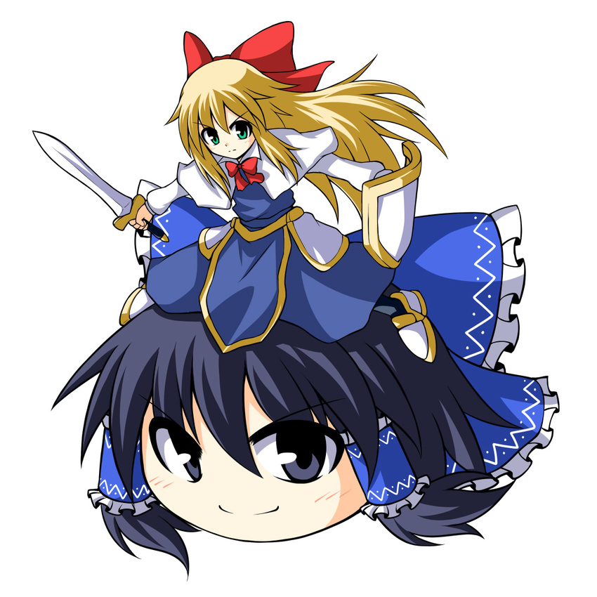 alternate_color black_eyes black_hair blonde_hair bow dragon_quest frills green_eyes hair_bow hakurei_reimu long_hair mochizuki_ado multiple_girls parody player_2 shanghai_doll shield simple_background sitting sitting_on_head sitting_on_person slime_knight sword touhou weapon white_background yukkuri_shiteitte_ne