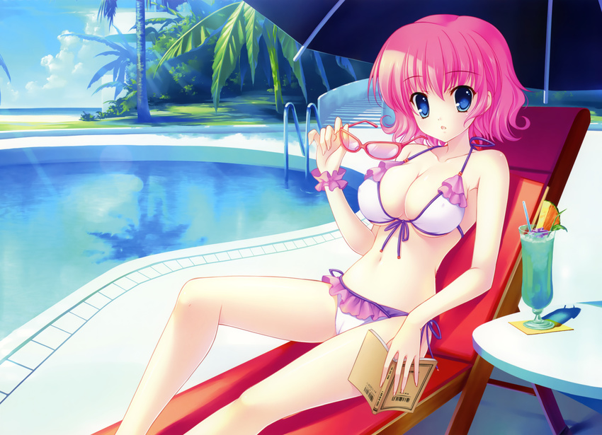 :o absurdres bare_shoulders beach_umbrella bikini blue_eyes blush book breasts cameltoe chair cleavage collarbone covered_nipples day drink eyewear_removed fingernails frilled_bikini frills front-tie_top game_cg highres himezono_risa holding holding_book holding_eyewear large_breasts long_fingernails looking_at_viewer lounge_chair mitha navel open_book outdoors pink_hair pool poolside reflection skindentation sunglasses sunlight swimsuit table tareme umbrella water yuyukana