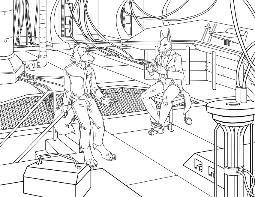 black_and_white canine control_room dialog dog jackal line_art mammal monochrome sci-fi scifi sitting talking text thestory wires