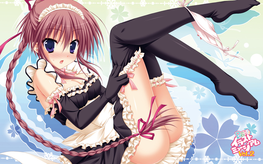 :o apron ass blue_eyes bow bow_panties braid breasts cleavage frills hatsuyuki_sakura highres kozakai_aya leg_garter leg_up legs_up looking_at_viewer medium_breasts moribe_(rabumanyo) open_mouth panties panties_around_one_leg pink_panties red_hair side-tie_panties underwear