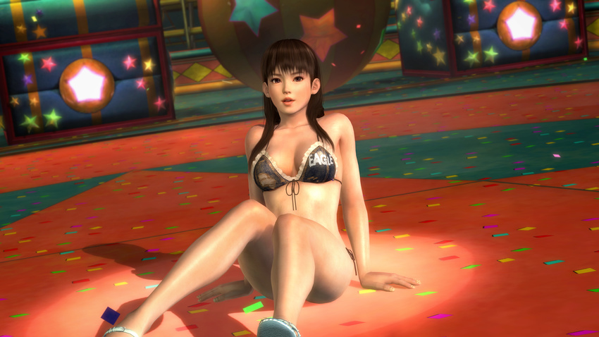3d absurdres arm_support black_hair dead_or_alive dead_or_alive_5 highres lei_fang sitting solo swimsuit