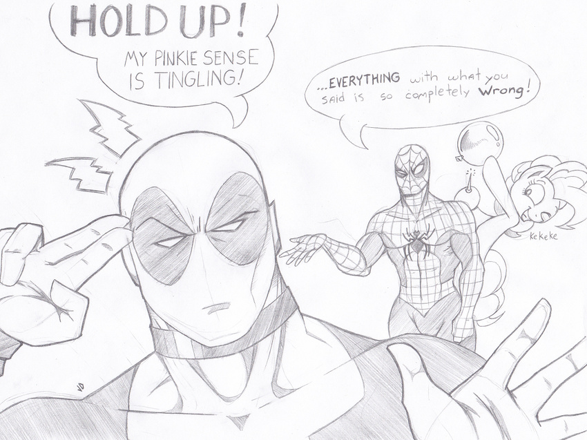 black_and_white crossover deadpool dialog dialogue english_text equine female friendship_is_magic horse human joey-darkmeat male mammal marvel monochrome my_little_pony pin pinkie_pie_(mlp) pony spider-man text