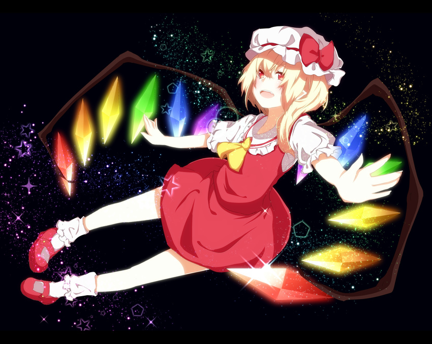 ascot ayatan-kiri bad_id bad_pixiv_id blonde_hair blush bow crystal flandre_scarlet hat hat_bow highres open_mouth outstretched_arms puffy_sleeves short_hair short_sleeves side_ponytail solo touhou wings yellow_eyes