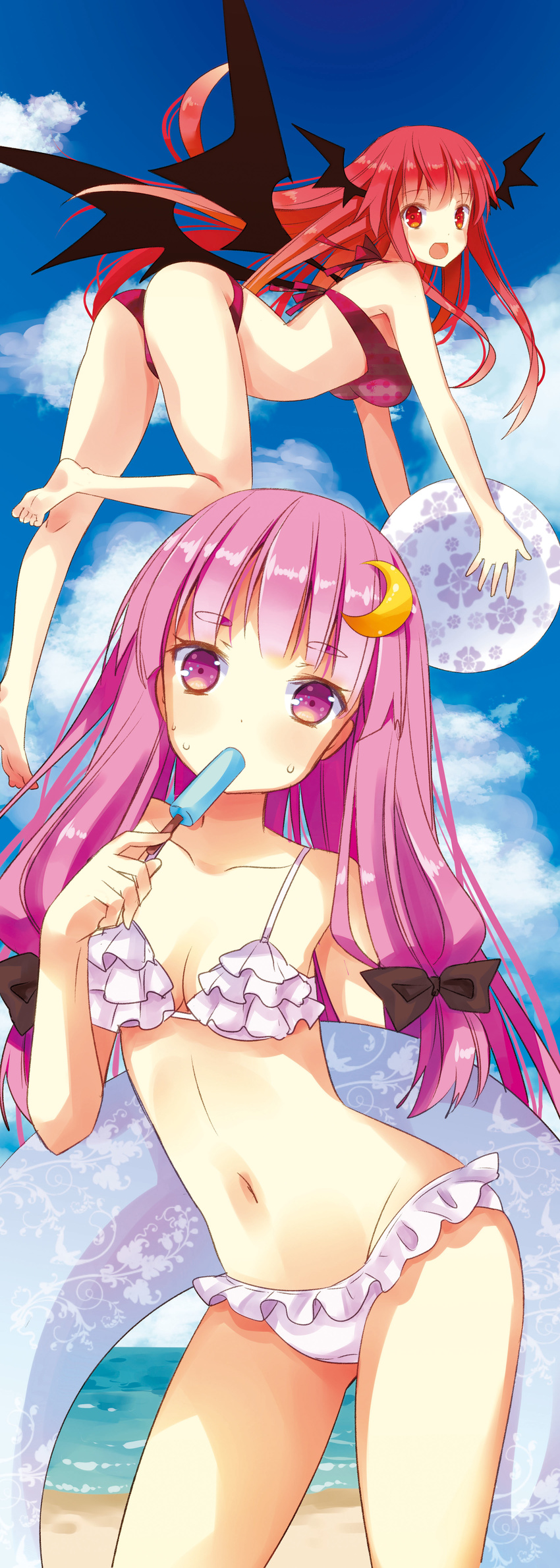 :d absurdres ball barefoot beachball bikini crescent crescent_hair_ornament flying food frills hair_ornament head_wings highres holding innertube izumi_minami koakuma long_hair multiple_girls navel no_hat no_headwear open_mouth patchouli_knowledge popsicle purple_eyes purple_hair red_eyes red_hair revision smile swimsuit touhou