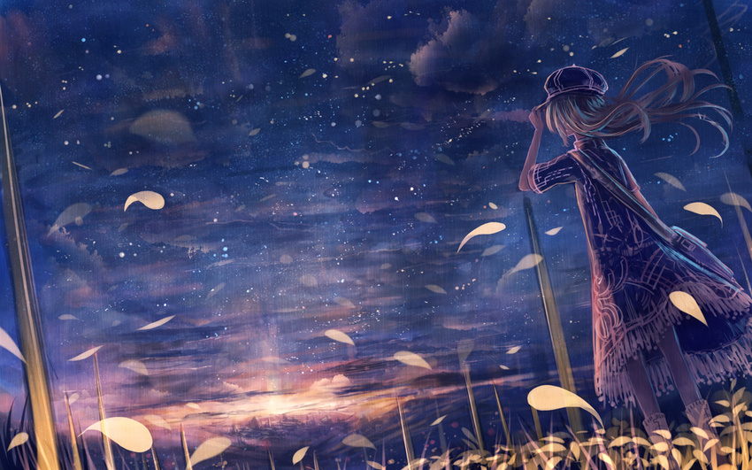 bag blonde_hair hat long_hair original petals sakimori_(hououbds) scenery short_sleeves solo standing sunset