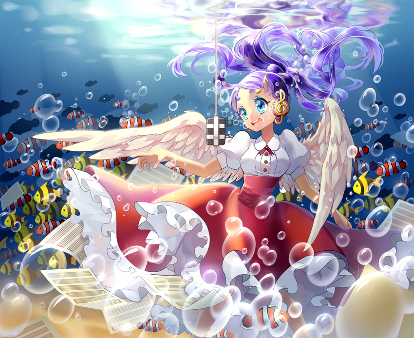:d bad_id bad_pixiv_id blue_eyes bubble clownfish dress fish long_hair microphone musical_note open_mouth original purple_hair sheet_music short_hair sixteenth_note smile solo sougishi_ego treble_clef twintails underwater white_wings wings