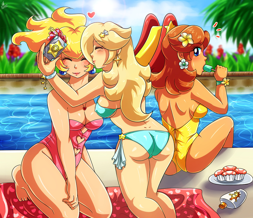 artist_request blonde_hair blue_eyes brown_hair princess_daisy princess_peach rosalina super_mario_bros. swimsuit