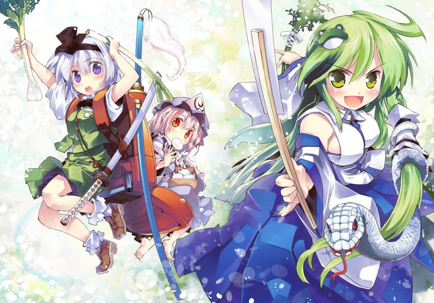 :d barefoot blue_eyes blush detached_sleeves eating frog_hair_ornament green_eyes hair_ornament hat holding katana kochiya_sanae konpaku_youmu looking_at_viewer mishaguji mouth_hold multiple_girls nanaroku_(fortress76) open_mouth pink_hair red_eyes saigyouji_yuyuko short_hair silver_hair smile snake spring_onion sword touhou weapon white_snake