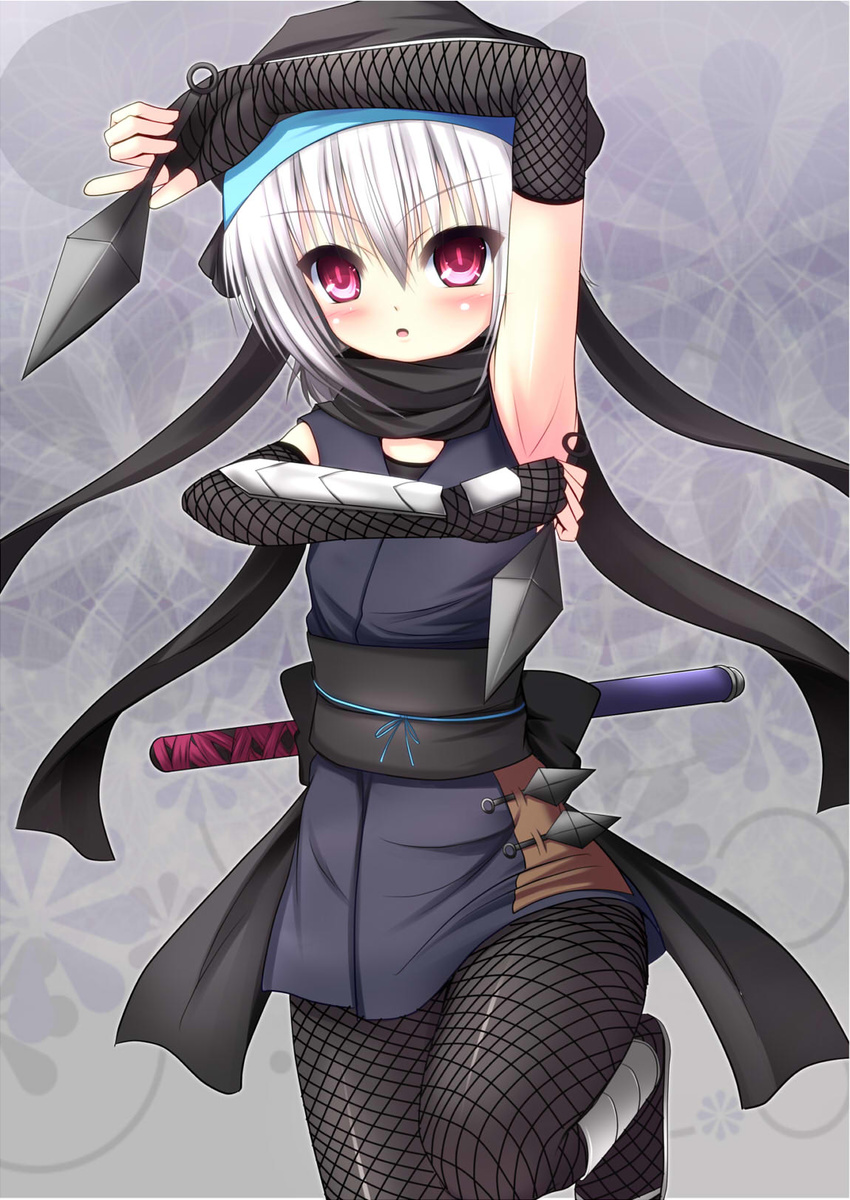 armpits black_scarf blush elbow_gloves fingerless_gloves fishnet_pantyhose fishnets gloves grey_hair hachisuka_goemon hat highres japanese_clothes kunai ninja nyarumi oda_nobuna_no_yabou pantyhose red_eyes scarf short_hair solo sword weapon