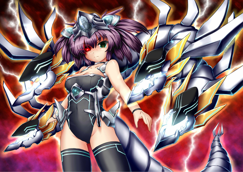 body_suit bodysuit breasts chimeratech_overdragon cleavage cyber_dragon duel_monster green_eyes highres multiple_heads purple_hair red_eye red_eyes tail thighhighs yu-gi-oh! yuu-gi-ou_duel_monsters zheyi_parker