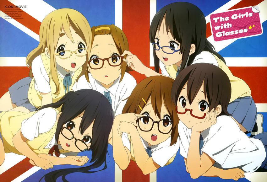 :d absurdres adjusting_another's_eyewear adjusting_eyewear akiyama_mio animage bespectacled black_eyes black_hair blonde_hair blue_eyes brown_eyes brown_hair d: dress_shirt english eyebrows flag_background glasses hair_ornament hairband hairclip hand_on_own_cheek highres hime_cut hirasawa_yui horiguchi_yukiko k-on! k-on!_movie kotobuki_tsumugi long_hair lying manabe_nodoka multiple_girls nakano_azusa official_art on_back open_mouth red-framed_eyewear round_teeth sakuragaoka_high_school_uniform scan school_uniform semi-rimless_eyewear shirt shoes short_hair skirt smile sweater_vest tainaka_ritsu teeth twintails union_jack united_kingdom uwabaki