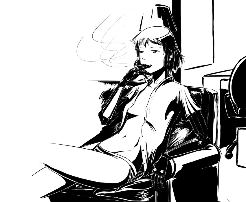 adam_jensen amputee cigarette couch crossover cyberpunk cyborg deus_ex deus_ex:_human_revolution greyscale highres katawa_shoujo monochrome open_clothes open_shirt panties parody science_fiction shirt short_hair sitting smoke smoking solidcow tezuka_rin underwear